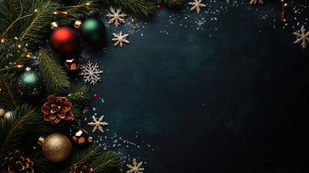 Christmas and New Year background with pine branches, festive baubles, and snowflakes scattered on a dark surface, top viewの素材