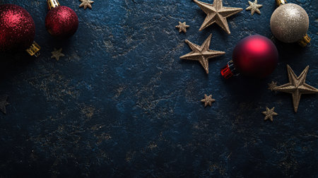Christmas and New Year background with stars, snowflakes, and festive baubles on a textured dark surface, perfect for seasonal greetingsの素材