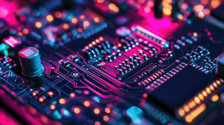 Circuit board with a web of colored wires, highlighted in vibrant tones against a dark black background, capturing the complexity of electronics.の素材