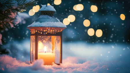 Christmas lantern with a burning candle, outdoors in the snow. The warm light contrasts beautifully with the cold night, leaving space for a holiday message above.の素材