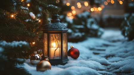 Christmas lantern with a burning candle sits on a snowy path, surrounded by pine branches and ornaments. Space for text above the glowing scene.の素材