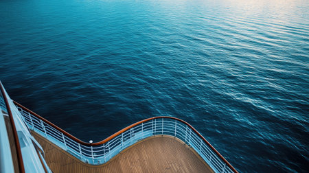 Close-up of a cruise lineraes decks as it sails through calm blue waters, passengers enjoying the early morning lightの素材