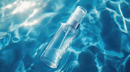 Clear skincare bottle floating in a pool of blue water with sunlight reflections. Hydration theme highlighted with hyaluronic acid and nature.の素材