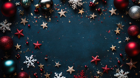 Christmas-themed flat lay with stars, snowflakes, and baubles scattered on a dark background for a stylish and festive feelの素材