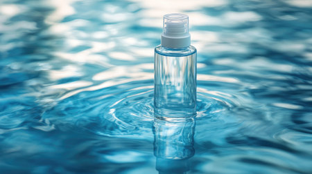Clear cosmetic bottle floating in calm blue water, representing skin hydration. Hyaluronic acid formula. Natural reflections and ripples. Selective focus on bottle.の素材