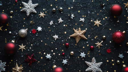 Christmas-themed flat lay with stars, snowflakes, and baubles scattered on a dark background for a stylish and festive feelの素材