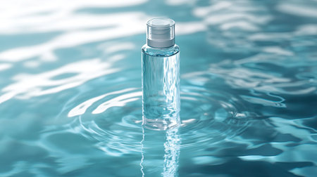 Clear cosmetic bottle floating in calm blue water, representing skin hydration. Hyaluronic acid formula. Natural reflections and ripples. Selective focus on bottle.の素材
