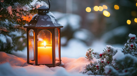 Christmas lantern with a lit candle, set outdoors in a snow-covered garden. The glowing light adds warmth, with space for text on the side.の素材