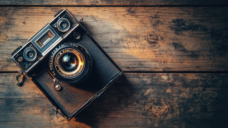 Classic folding camera with a bellows lens, placed on a rustic wooden surface, soft shadows and warm lighting, showcasing vintage designの素材
