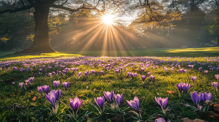 A carpet of crocuses stretching across a grassy field, with rays of sunlight streaming through nearby trees. The light creates beautiful patterns on the ground.の素材