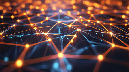 A glowing web of interconnected nodes and lines, forming a high-tech network design with a futuristic vibe, ideal for modern backgrounds or digital media.の素材
