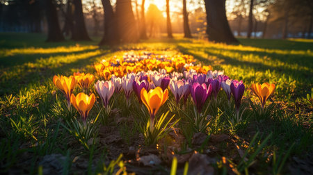 A patch of crocus flowers in full bloom, surrounded by fresh spring grass, with the setting sun casting long, golden shadows over the scene. The light enhances their vivid colors.の素材