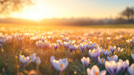 A wide meadow filled with delicate crocus flowers, bathed in golden sunlight with gentle rays illuminating the grass and blooms. The morning sky is clear and blue.の素材