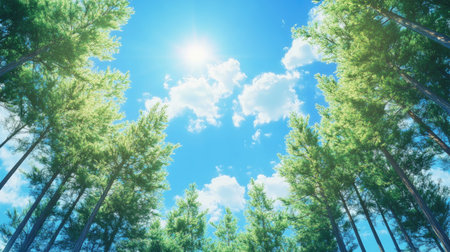 A sunny day in Japan with green pine trees reaching up toward a bright blue sky, creating a harmonious scene that blends the beauty of nature and open space.の素材