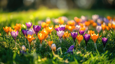 A vibrant patch of crocus flowers surrounded by fresh grass, basking in the soft morning sunlight. The colors of the blossoms are vivid and radiant against the green background.の素材