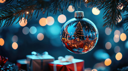 A shiny bauble reflecting a Christmas tree hangs from a fir branch, with gift boxes below. Blue abstract night background with glowing lights enhances the festive atmosphere.の素材