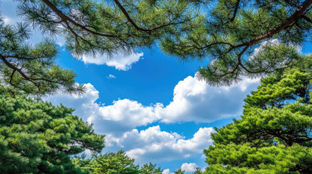 A sunny day in Japan with green pine trees reaching up toward a bright blue sky, creating a harmonious scene that blends the beauty of nature and open space.の素材