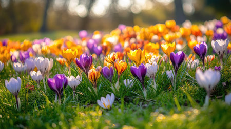 A vibrant patch of crocus flowers surrounded by fresh grass, basking in the soft morning sunlight. The colors of the blossoms are vivid and radiant against the green background.の素材