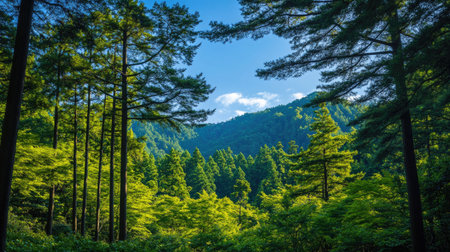 A tranquil Japanese forest filled with green pine trees, set beneath a cloudless blue sky, capturing the essence of nature in its purest form.の素材