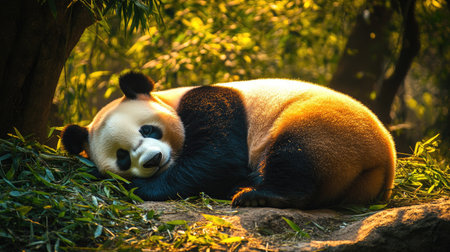 Adorable giant panda bear curled up and fast asleep in its zoo habitat, with bamboo trees nearby. Ideal for wildlife and nature stock photos.の素材