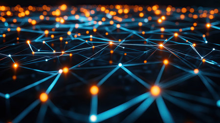 Abstract technology network of bright, glowing nodes connected by sleek lines, perfect for futuristic banners, posters, or social media posts.の素材