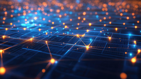 Abstract tech network with glowing nodes and lines connecting in a grid-like pattern. Perfect for modern, tech-inspired posters, banners, or social media graphics.の素材