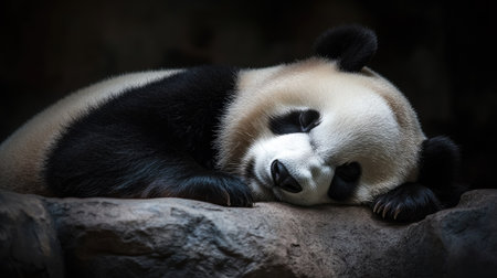 Adorable giant panda bear curled up in the corner of its zoo enclosure, fast asleep with a peaceful expression. A heartwarming wildlife photo.の素材