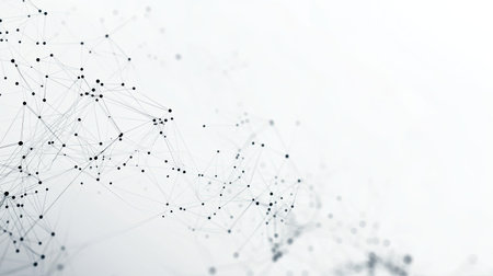 An abstract mesh of connected dots and lines on a clean white background, representing digital technology networks and big data analysis.の素材