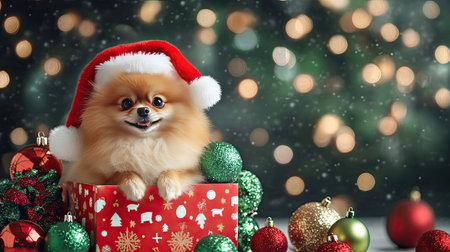 Adorable Pomeranian in Santa hat, sitting in a colorful gift box with holiday ornaments and Christmas decorations, perfect for festive greeting banners.の素材