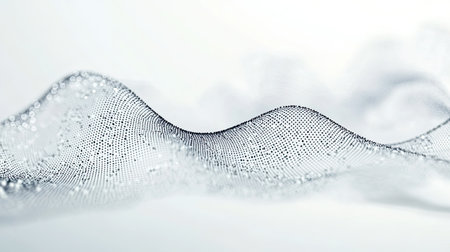 An abstract mesh of connected dots and lines on a clean white background, representing digital technology networks and big data analysis.の素材