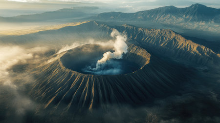 Aerial view of Mount Bromo's smoking crater at sunrise, with misty valleys and the Tengger Caldera in the background. Perfect for travel and nature themes.の素材