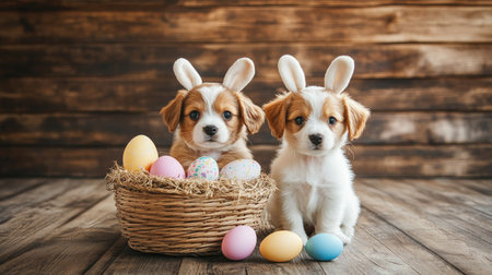 Adorable puppies in bunny ears sitting next to a basket of colorful eggs on a rustic wood floor. A joyful Easter scene with room for personalized text or greetings.の素材