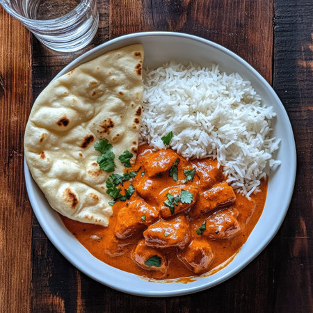 Butter chicken plated in a white bowl with naan, rice, and a glass of water on a dark wooden table. aeの素材