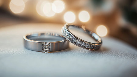 Close-up of matching silver wedding bands placed side by side, one featuring a sparkling gemstone, representing a coupleaes bond and commitment.の素材