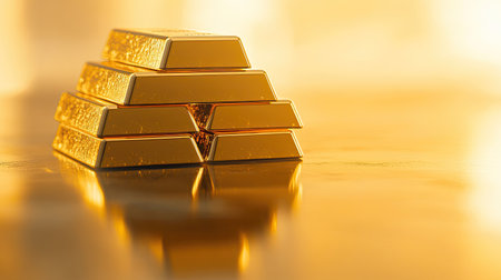 Close-up of a stack of gold bars sitting on a reflective gold floor, symbolizing affluence, wealth accumulation, and financial security.の素材