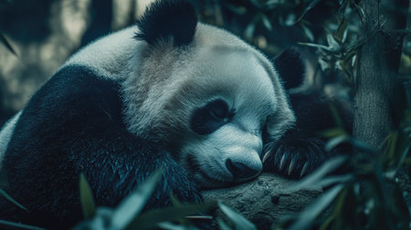 Close-up of a sleeping giant panda, its soft fur blending with the natural elements in a zoo enclosure. A peaceful moment for animal-themed visuals.の素材
