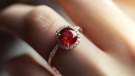 Close-up of a ruby ring on a woman's finger, with the rich red gemstone and elegant design highlighted against a soft background.の素材
