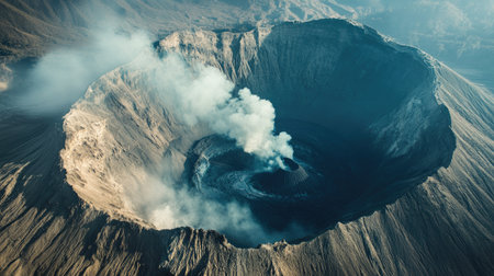 Close-up of Mount Bromo's active crater, with smoke rising against the backdrop of the caldera and mist-covered mountains. Perfect for volcano and nature imagery.の素材