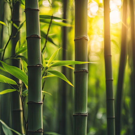 Close-up of lush green bamboo shoots in an Asian forest, with sunlight softly illuminating the background. aeの素材