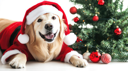 Cute Golden Retriever in a Santa outfit, lying next to a Christmas tree, with a white background providing ample space for holiday text and greetings.の素材