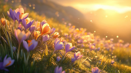 Crocuses blooming on a hillside, illuminated by golden sunlight. The flowers and grass seem to glow under the sun, with the surrounding landscape casting long, soft shadows.の素材