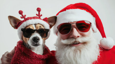 Cool Santa Claus and his helper in sunglasses, posing next to a Jack Russell Terrier in a reindeer outfit. A white background gives the festive scene a modern touch.の素材