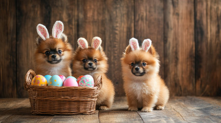 Cute Pomeranian-Pekingese puppies wearing bunny ears sitting next to a basket of bright Easter eggs on a wooden floor. Ideal for Easter greetings and promotional banners.の素材