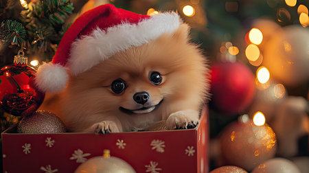 Cute Pomeranian puppy in a Santa hat, peeking out of a holiday gift box surrounded by Christmas lights and decorations. Perfect for holiday banners and greetings.の素材