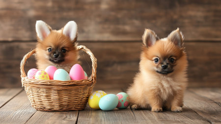 Cute Pomeranian-Pekingese puppies in bunny ears sitting on a wooden floor with a basket of bright Easter eggs beside them. Ideal for Easter banners with text space.の素材