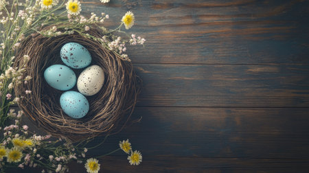 Easter eggs in a nest with flowers laid out on a wooden table, creating a natural, festive background with plenty of room for holiday greetings or promotional text.の素材