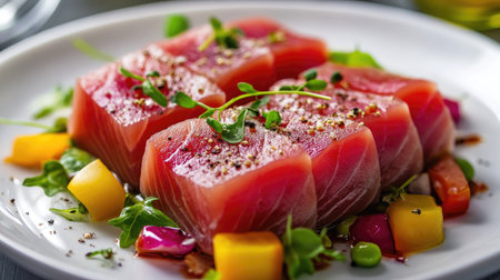 Fresh slices of raw tuna arranged with a vegetable salad on a clean white plate, highlighting a nutritious and colorful meal.の素材