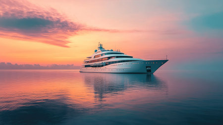 A luxurious white cruise ship sailing smoothly through calm ocean waters at sunrise, with the first light reflecting off the wavesの素材