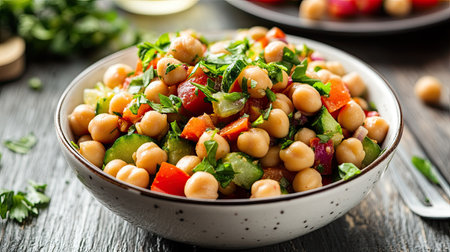 Bowl of chickpea and kidney bean salad with diced raw veggies and a sprinkle of fresh herbs, offering a nutritious and flavorful plant-based meal.の素材