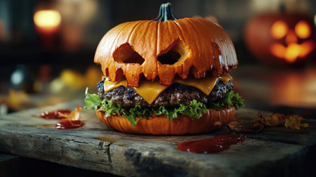 Frightening pumpkin-shaped burger resting on a rustic wooden board, ready for a Halloween party feast. A unique food concept to celebrate spooky festivities.の素材